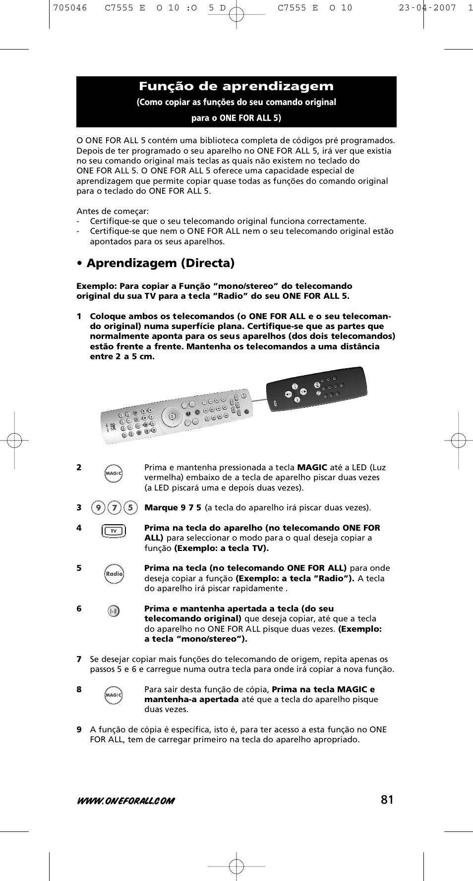 Aprendizagem (directa), Função de aprendizagem | One for All URC-7780 User Manual | Page 82 / 205