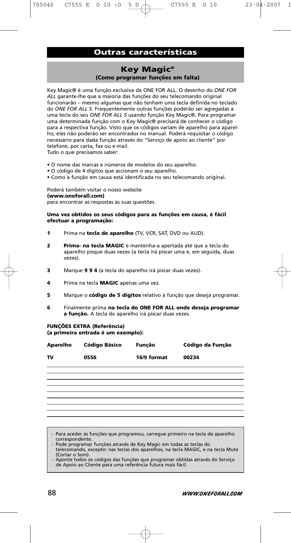 Key magic, Outras características | One for All URC-7780 User Manual | Page 89 / 205