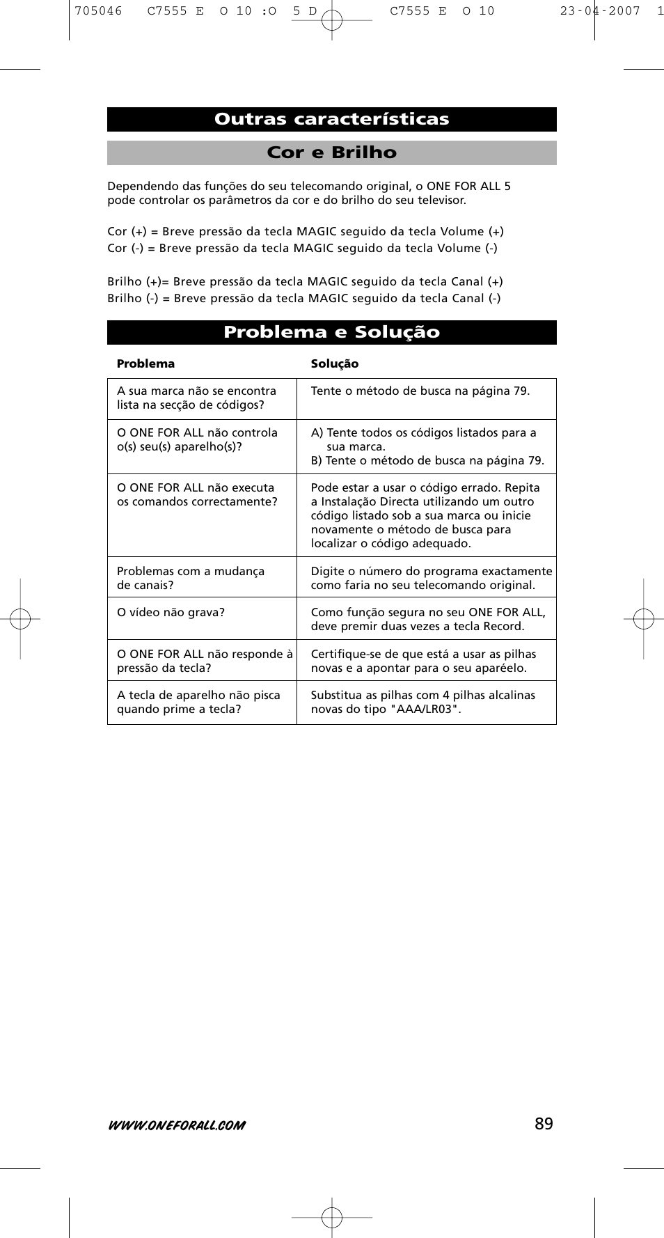 89 problema e solução, Cor e brilho outras características | One for All URC-7780 User Manual | Page 90 / 205