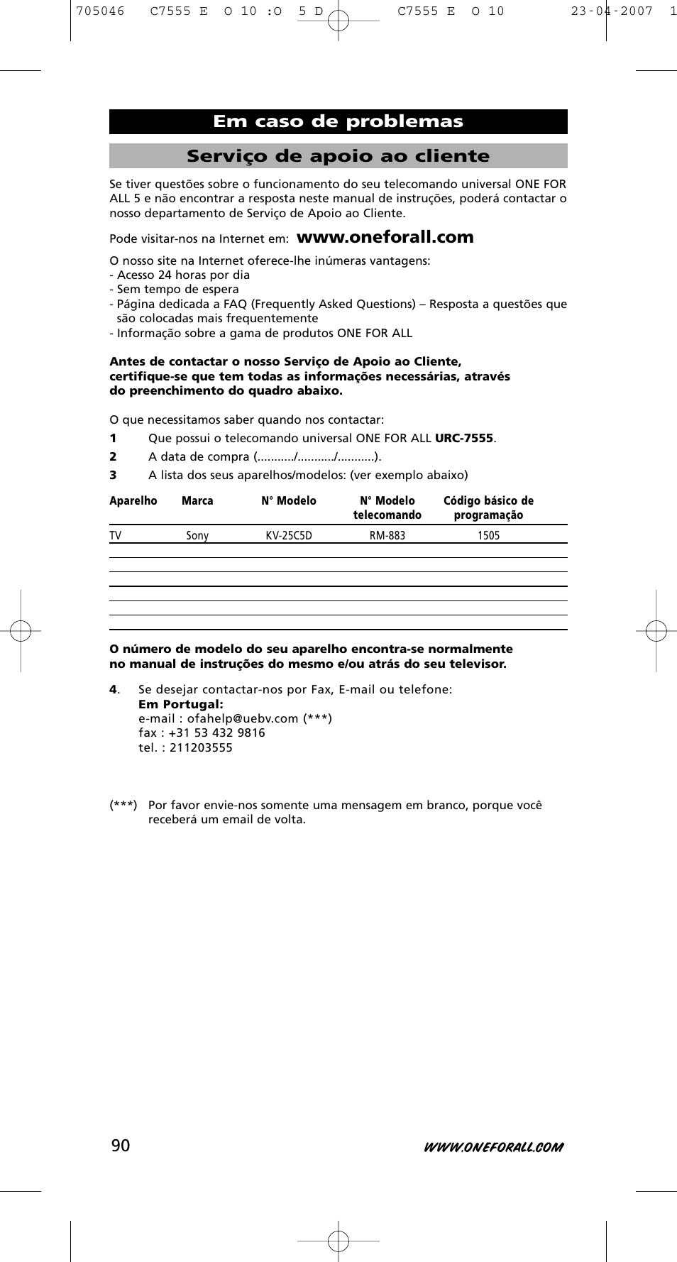 Serviço de apoio ao cliente, Em caso de problemas | One for All URC-7780 User Manual | Page 91 / 205
