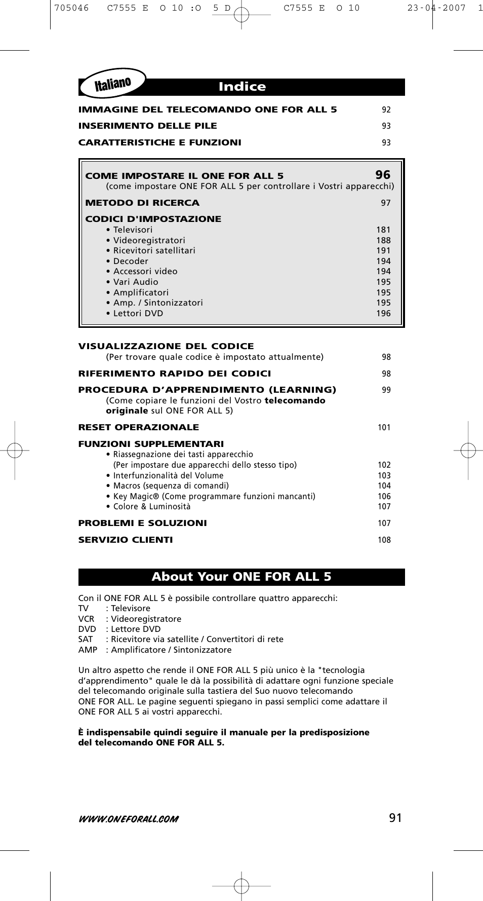 Italiano, Indice, About your one for all 5 | One for All URC-7780 User Manual | Page 92 / 205