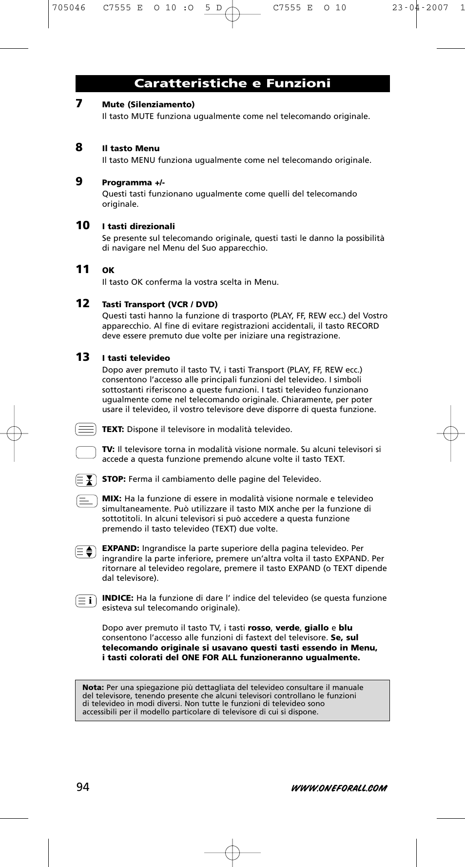 Caratteristiche e funzioni | One for All URC-7780 User Manual | Page 95 / 205