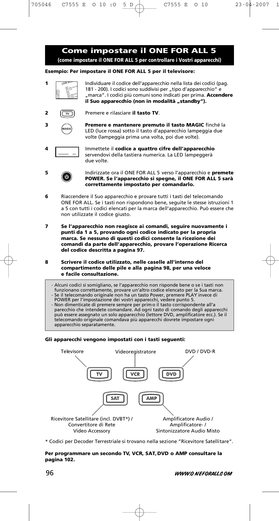 Come impostare il one for all 5 | One for All URC-7780 User Manual | Page 97 / 205