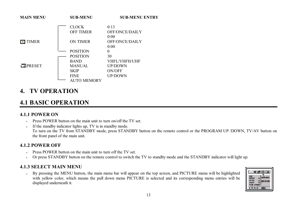 Tv operation 4.1 basic operation | Hyundai H-TV2907PF User Manual | Page 13 / 55