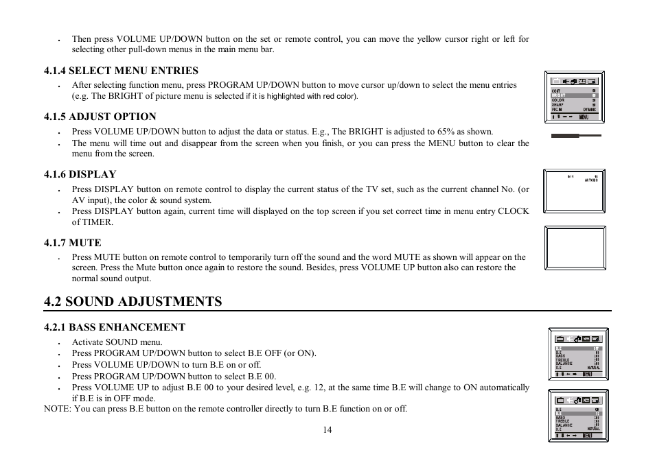 2 sound adjustments, 4 select menu entries, 5 adjust option | 6 display, 7 mute, 1 bass enhancement | Hyundai H-TV2907PF User Manual | Page 14 / 55