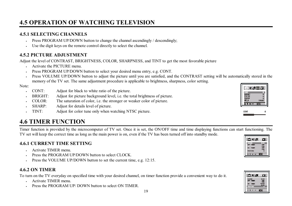 5 operation of watching television, 6 timer function, 1 selecting channels | 2 picture adjustment, 1 current time setting, 2 on timer | Hyundai H-TV2907PF User Manual | Page 19 / 55