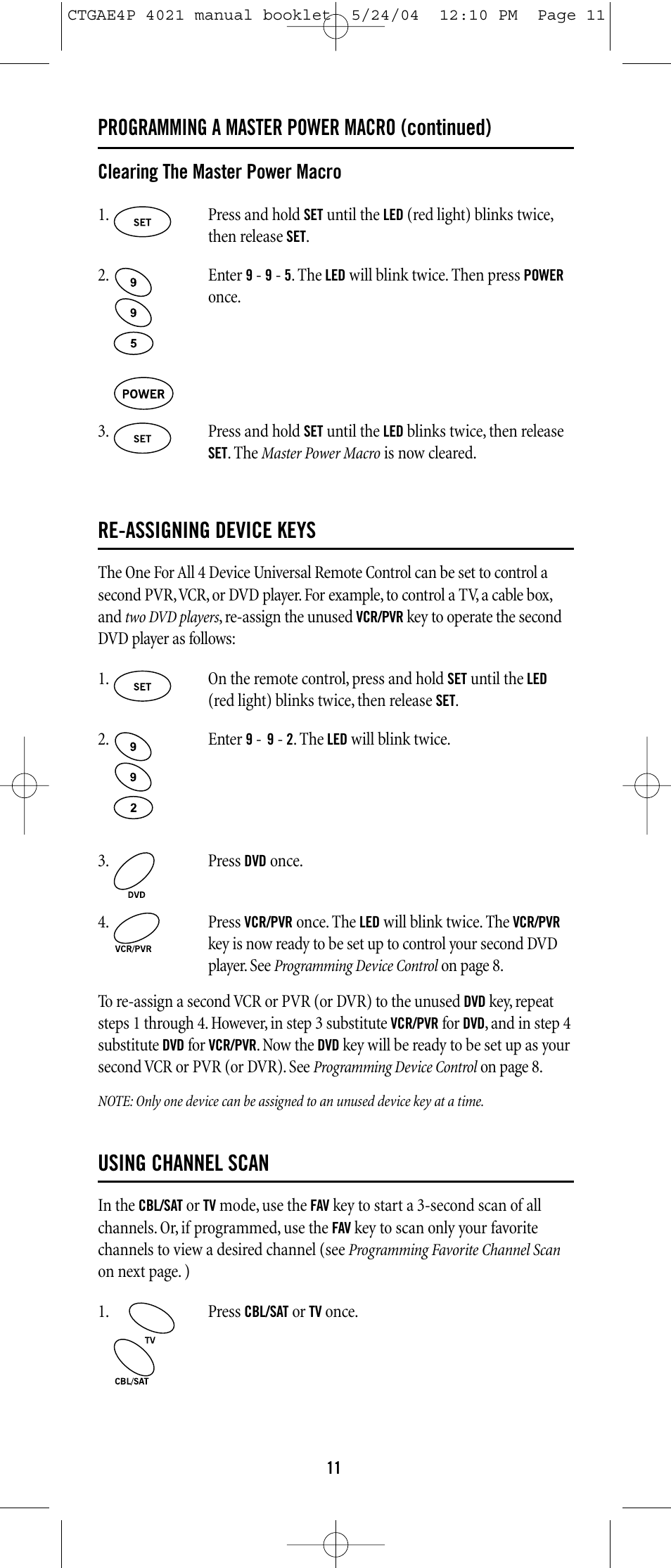 Programming a master power macro (continued), Re-assigning device keys, Using channel scan | One for All URC-3300 User Manual | Page 10 / 21