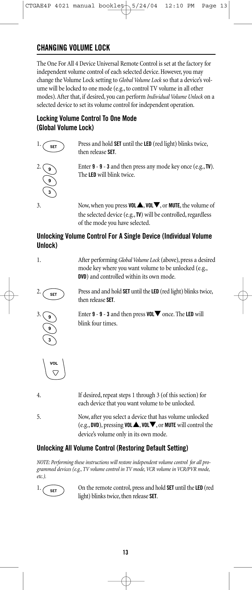 Changing volume lock | One for All URC-3300 User Manual | Page 12 / 21