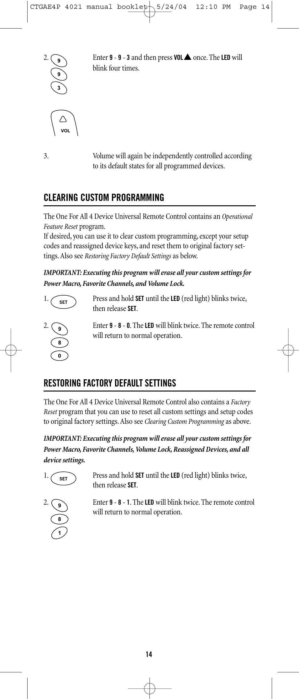 Clearing custom programming, Restoring factory default settings | One for All URC-3300 User Manual | Page 13 / 21