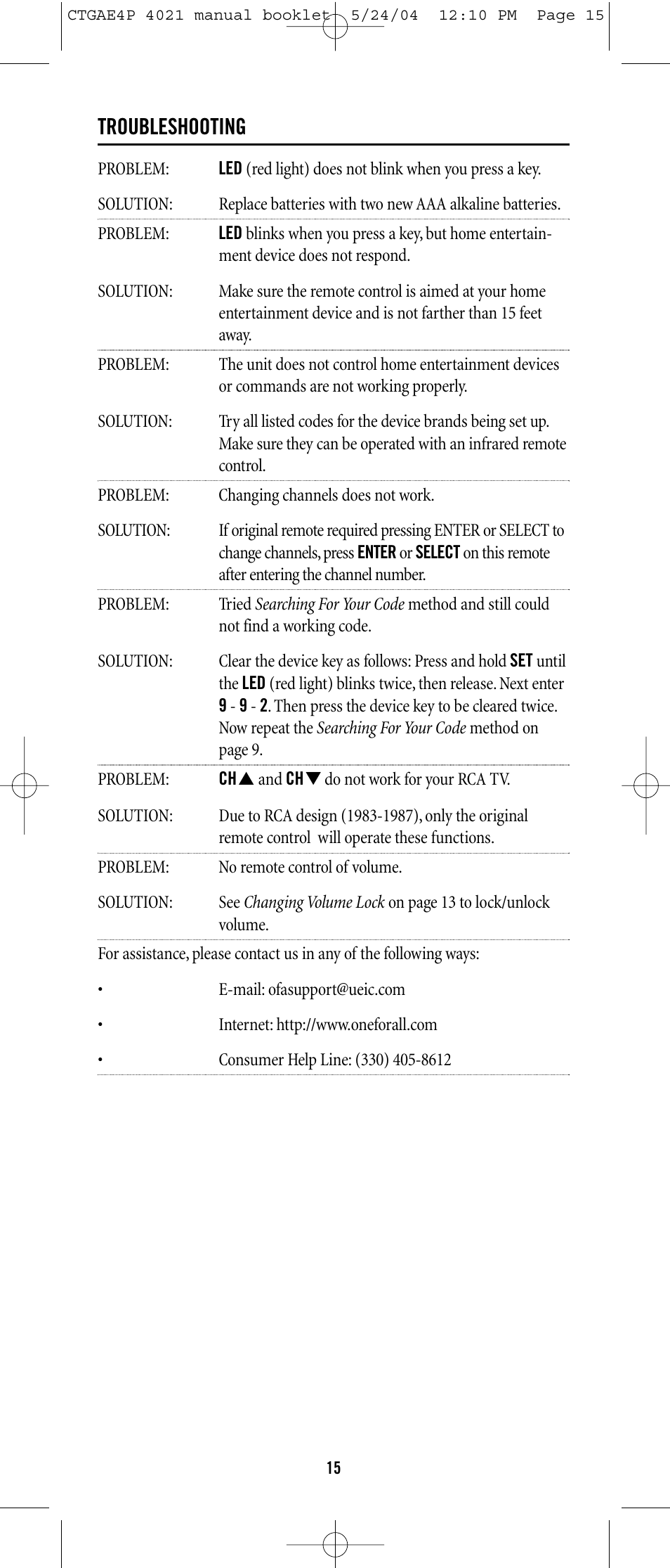 Troubleshooting | One for All URC-3300 User Manual | Page 14 / 21