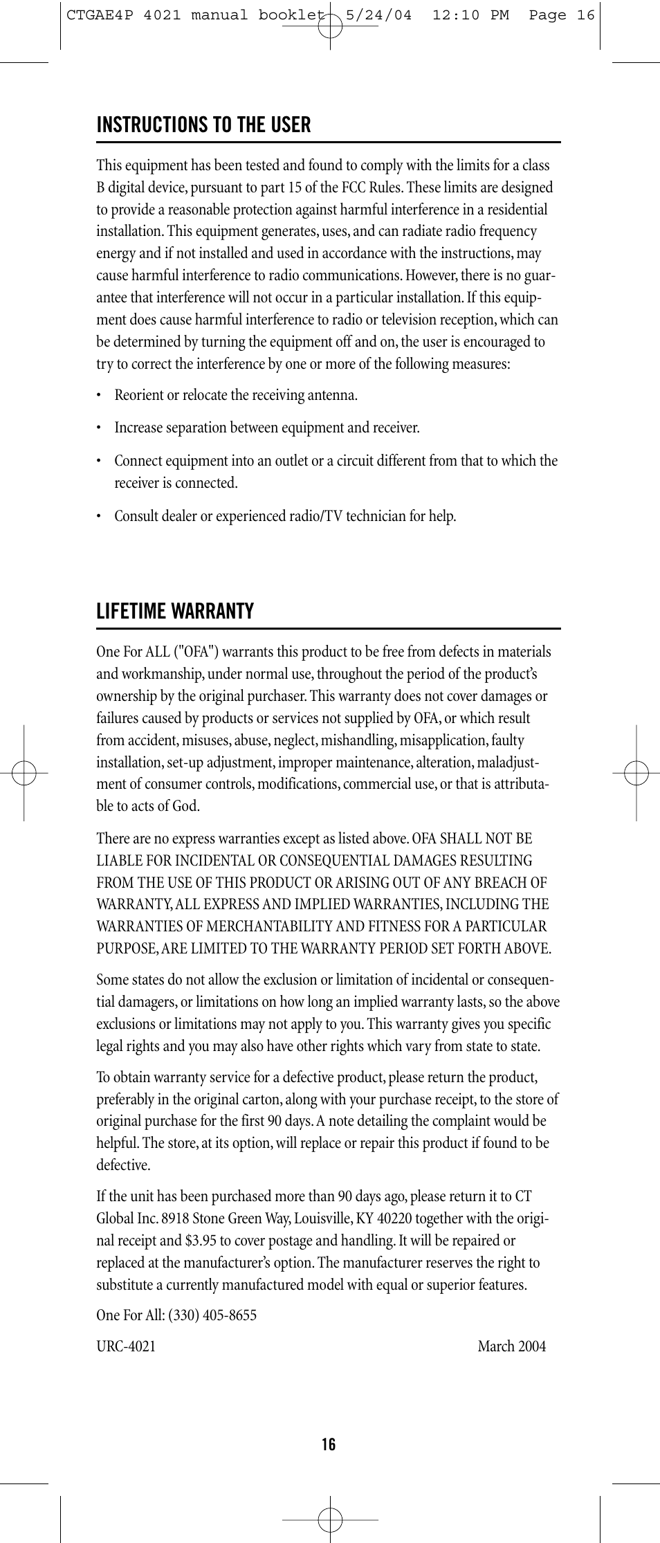 Instructions to the user, Lifetime warranty | One for All URC-3300 User Manual | Page 15 / 21