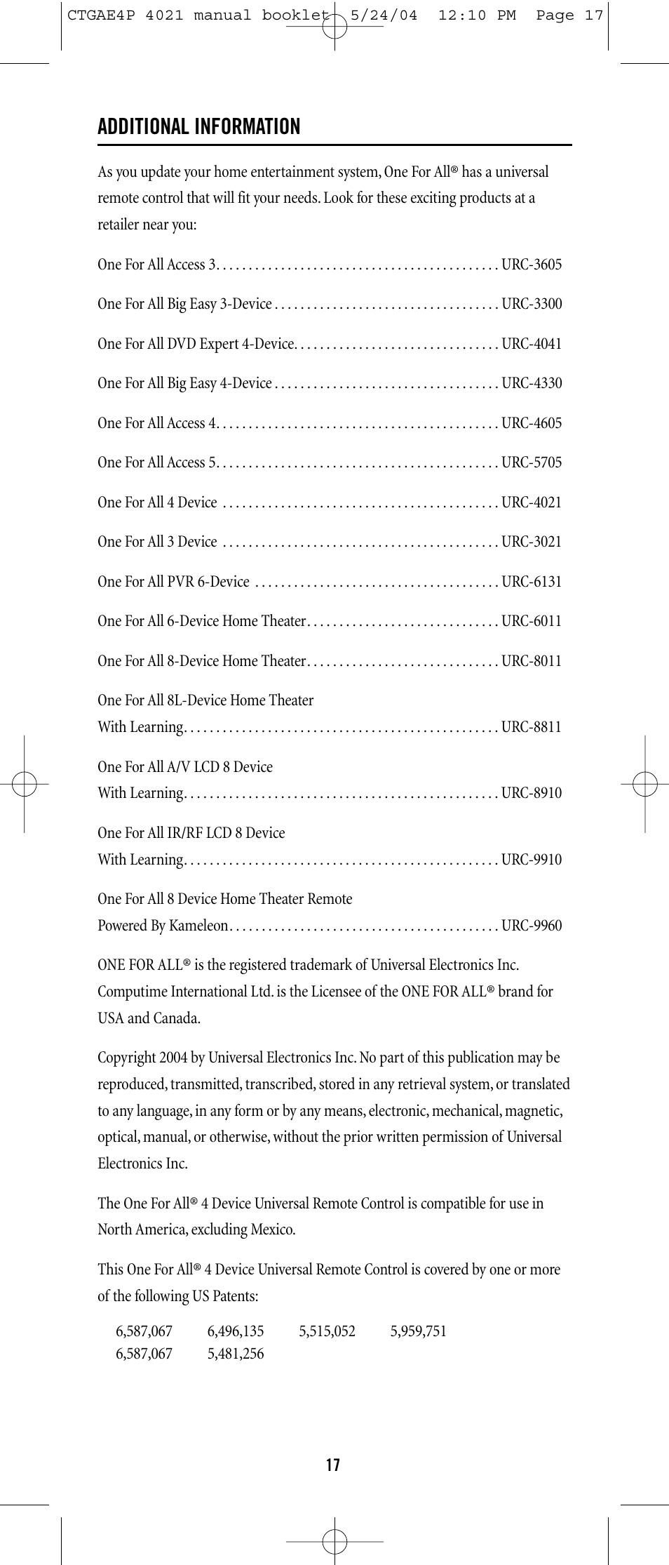 Additional information | One for All URC-3300 User Manual | Page 16 / 21