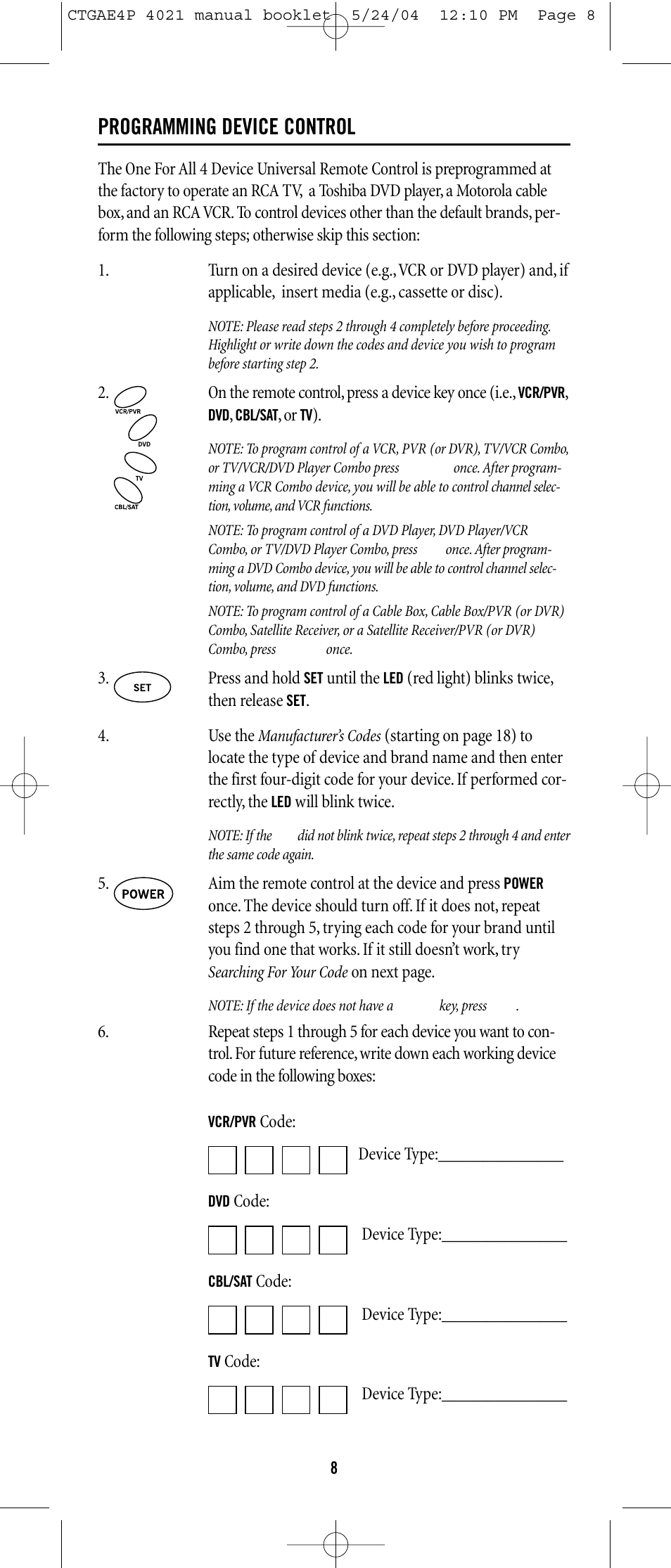 Programming device control | One for All URC-3300 User Manual | Page 7 / 21