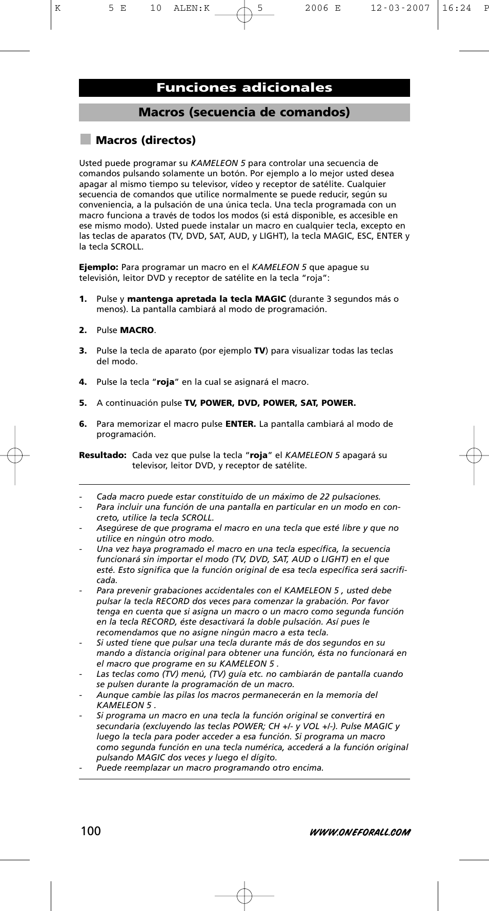 Macros (secuencia de comandos), Funciones adicionales, Macros (directos) | One for All KAMELEON 5 User Manual | Page 101 / 293