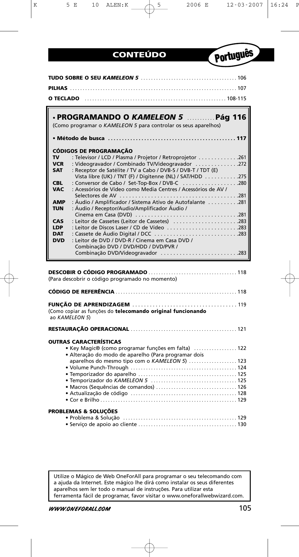 Portugu ês, 105 conteúdo, Programando o kameleon 5 | Pág 116 | One for All KAMELEON 5 User Manual | Page 106 / 293