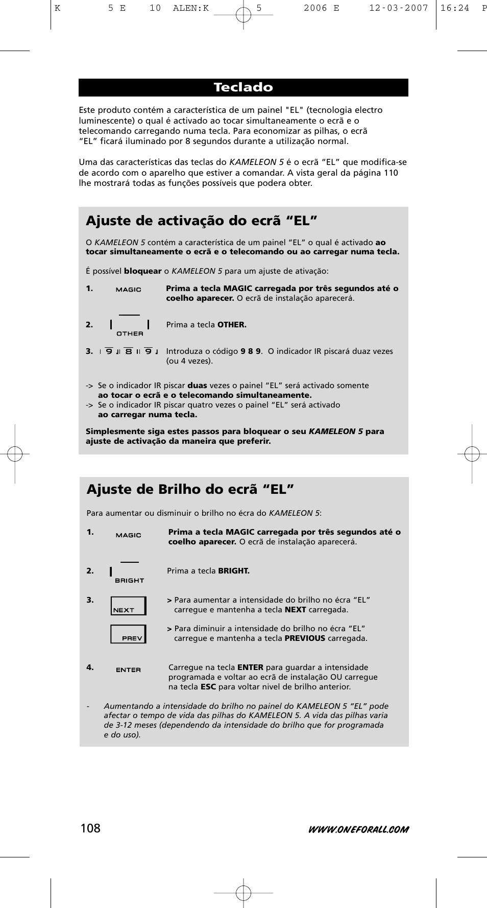 Ajuste de brilho do ecrã “el, Ajuste de activação do ecrã “el, Teclado | One for All KAMELEON 5 User Manual | Page 109 / 293