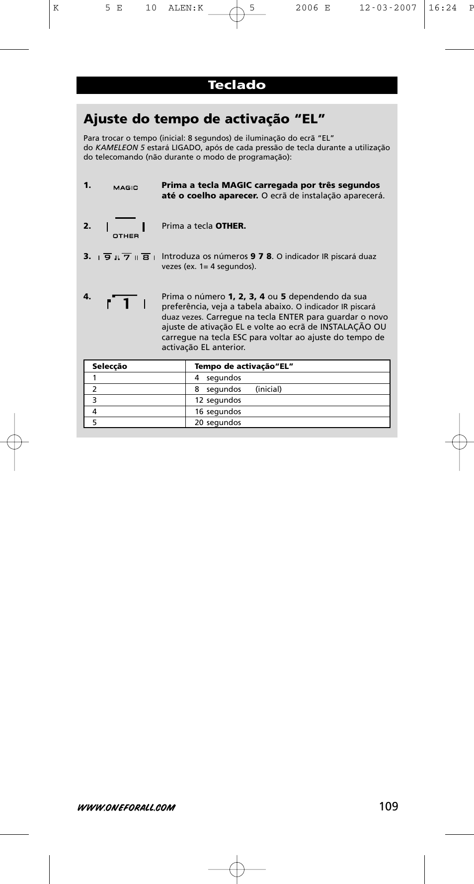 Ajuste do tempo de activação “el, 109 teclado | One for All KAMELEON 5 User Manual | Page 110 / 293