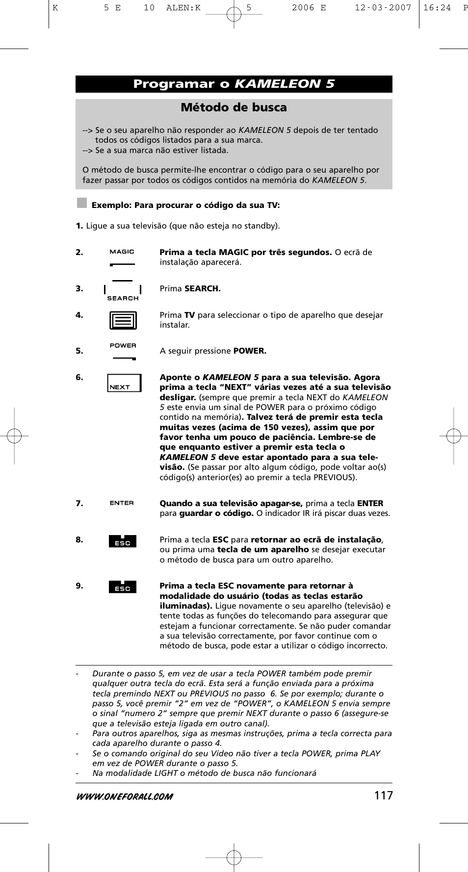 117 método de busca, Programar o kameleon 5 | One for All KAMELEON 5 User Manual | Page 118 / 293