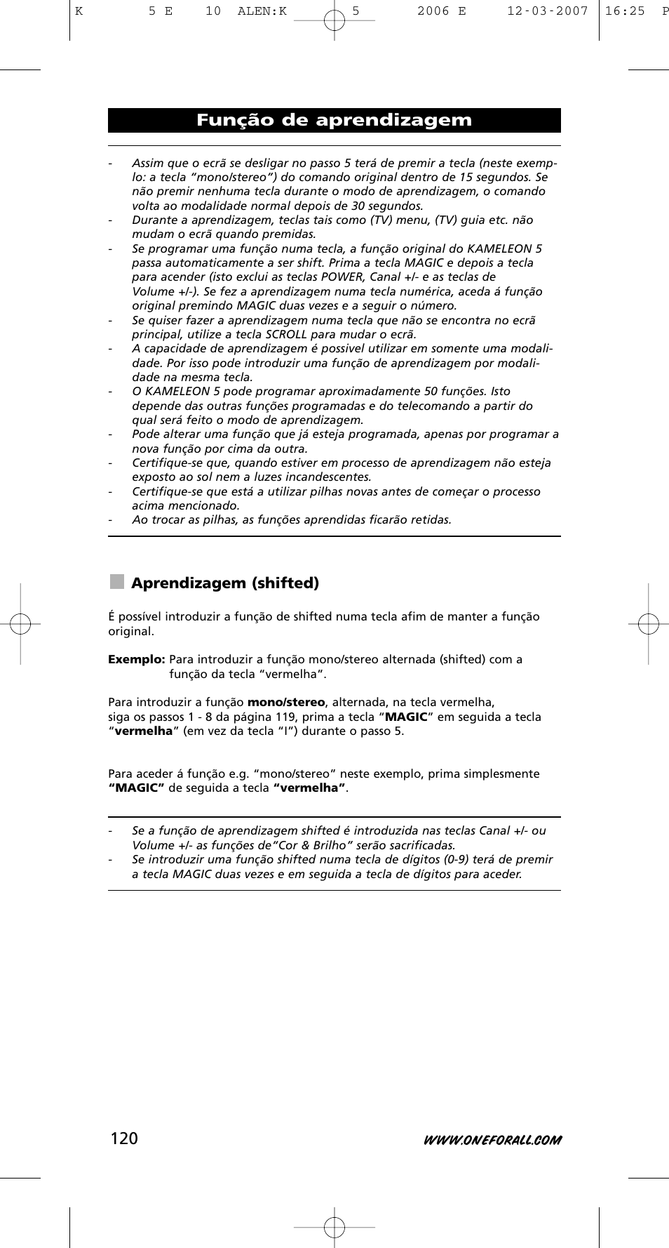 Função de aprendizagem, Aprendizagem (shifted) | One for All KAMELEON 5 User Manual | Page 121 / 293