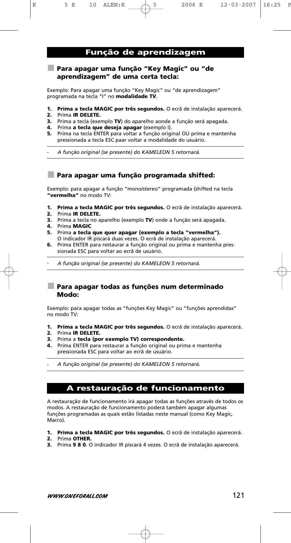 Para apagar uma função programada shifted, Para apagar todas as funções num determinado modo | One for All KAMELEON 5 User Manual | Page 122 / 293