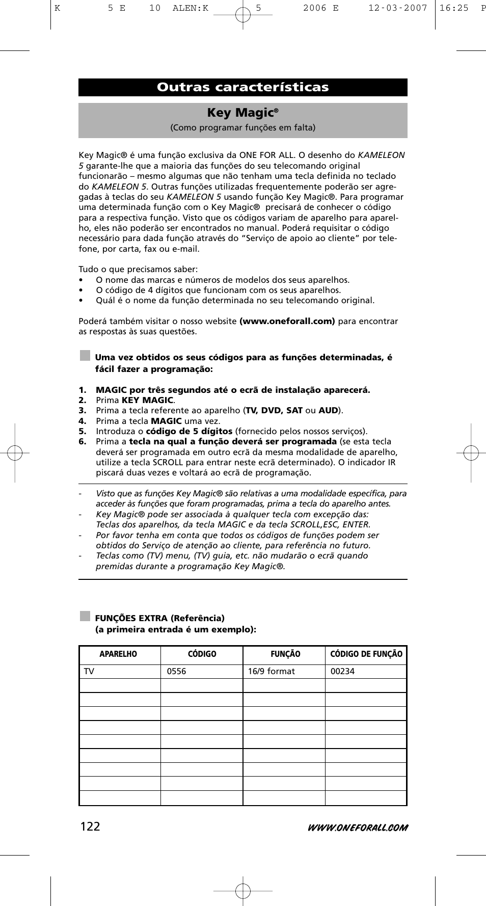 Key magic, Outras características | One for All KAMELEON 5 User Manual | Page 123 / 293