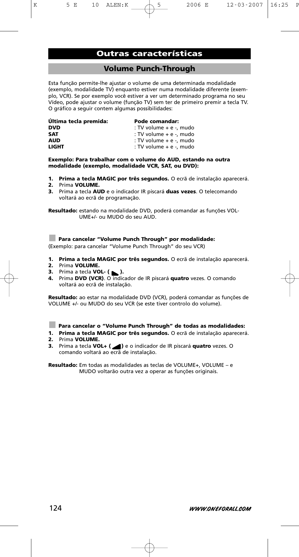 Volume punch-through, Outras características | One for All KAMELEON 5 User Manual | Page 125 / 293