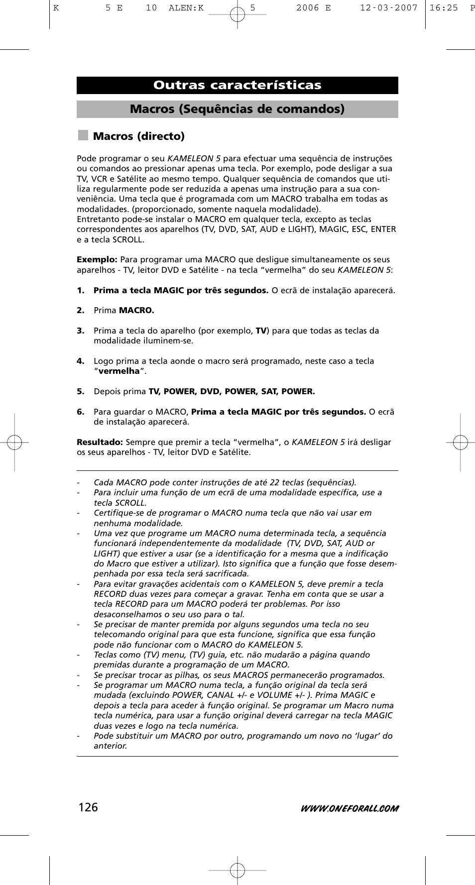 Macros (sequências de comandos), Outras características, Macros (directo) | One for All KAMELEON 5 User Manual | Page 127 / 293