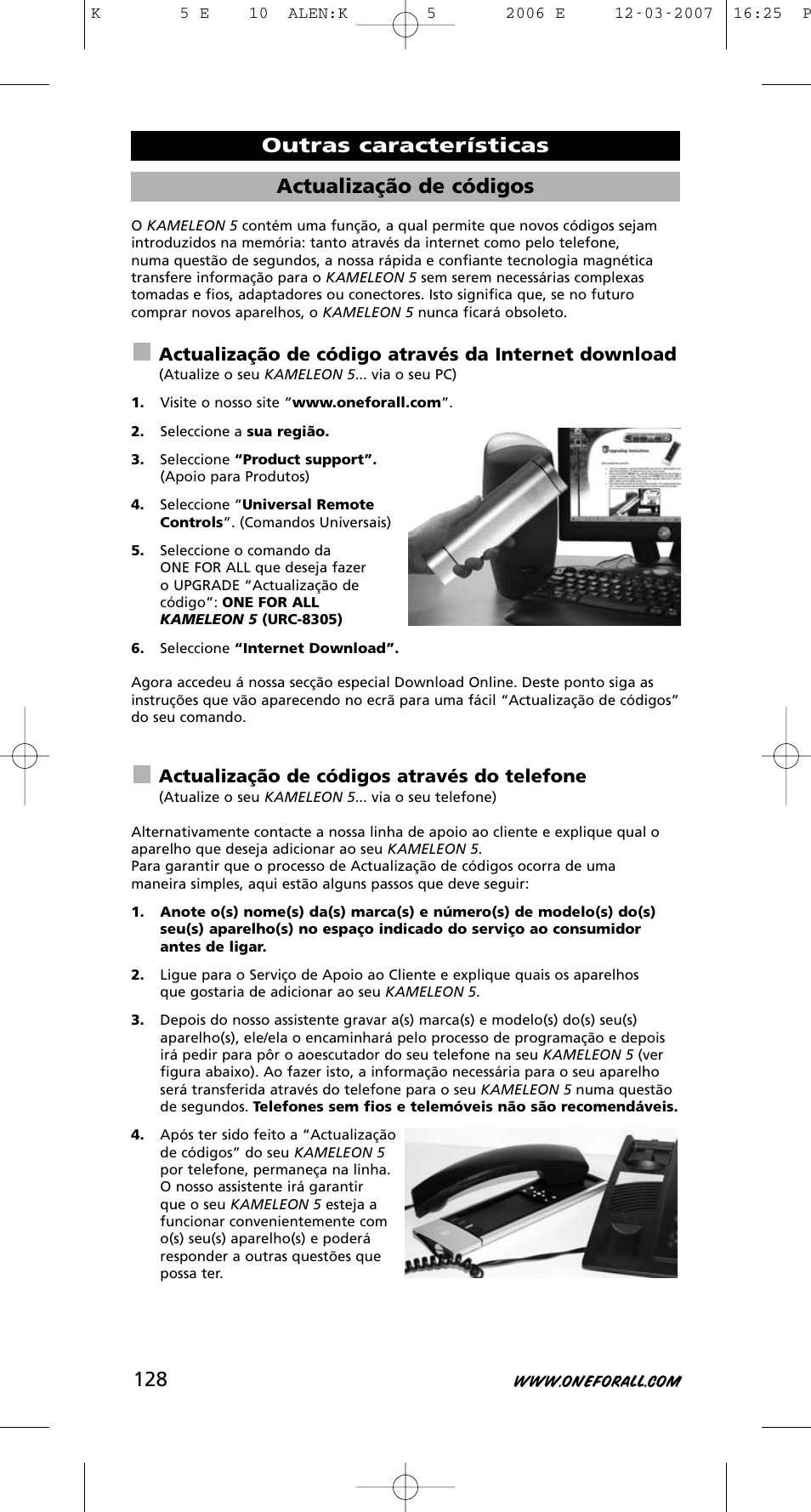 Actualização de códigos, Outras características, Actualização de códigos através do telefone | One for All KAMELEON 5 User Manual | Page 129 / 293