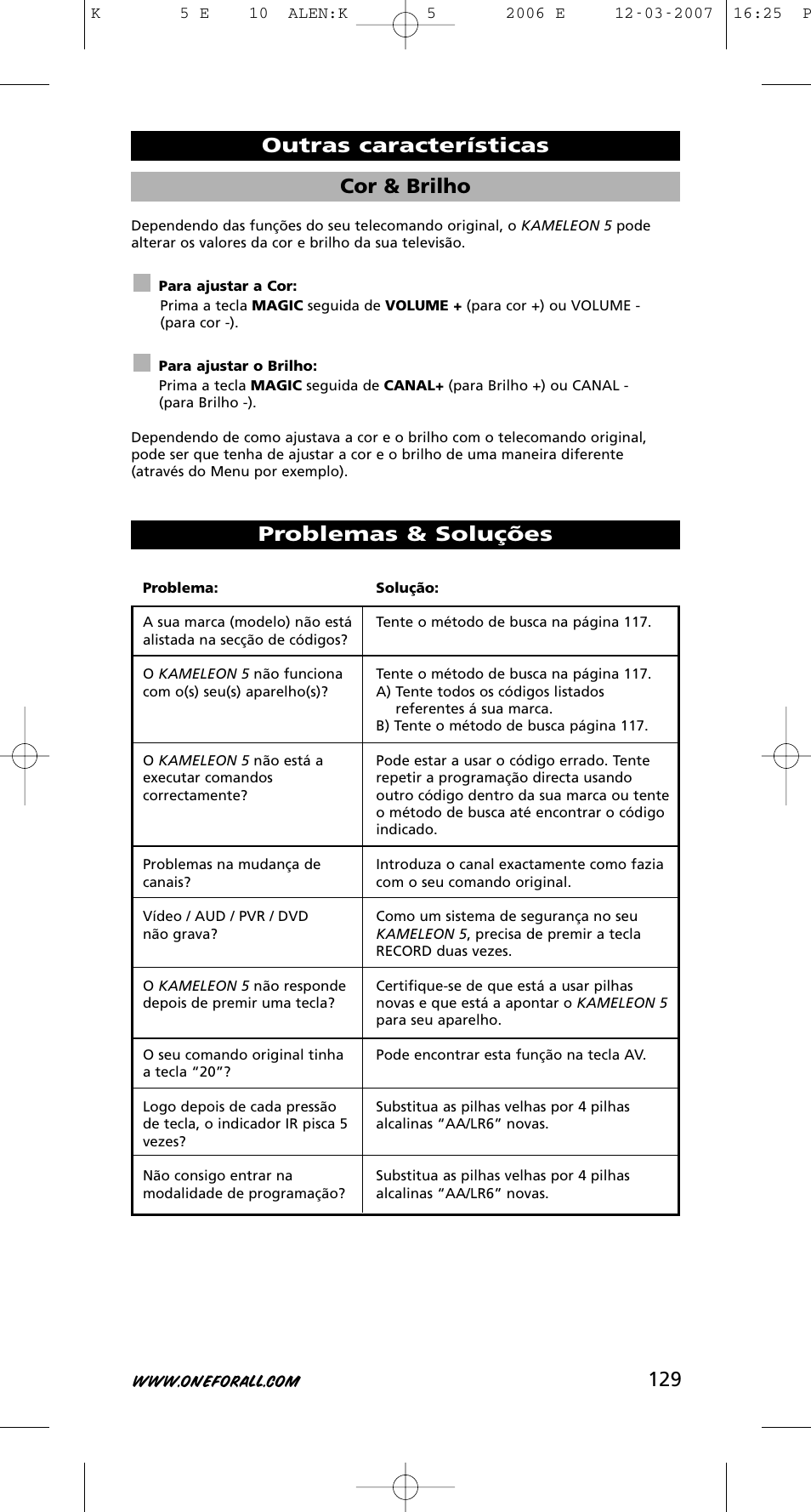 129 cor & brilho, Outras características problemas & soluções | One for All KAMELEON 5 User Manual | Page 130 / 293