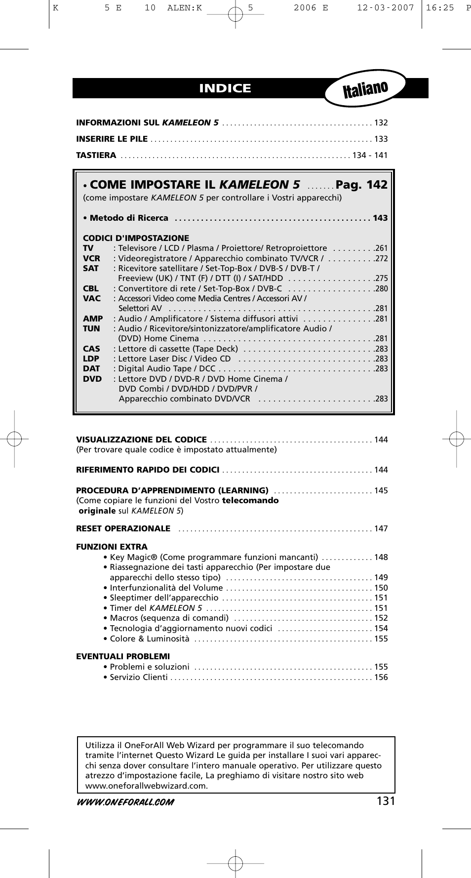 Italiano, Come impostare il kameleon 5, Pag. 142 | Indice | One for All KAMELEON 5 User Manual | Page 132 / 293