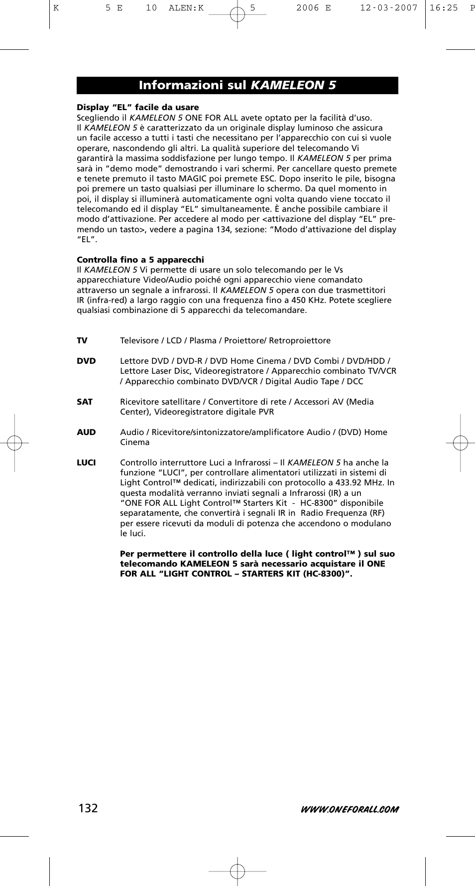 Informazioni sul kameleon 5 | One for All KAMELEON 5 User Manual | Page 133 / 293