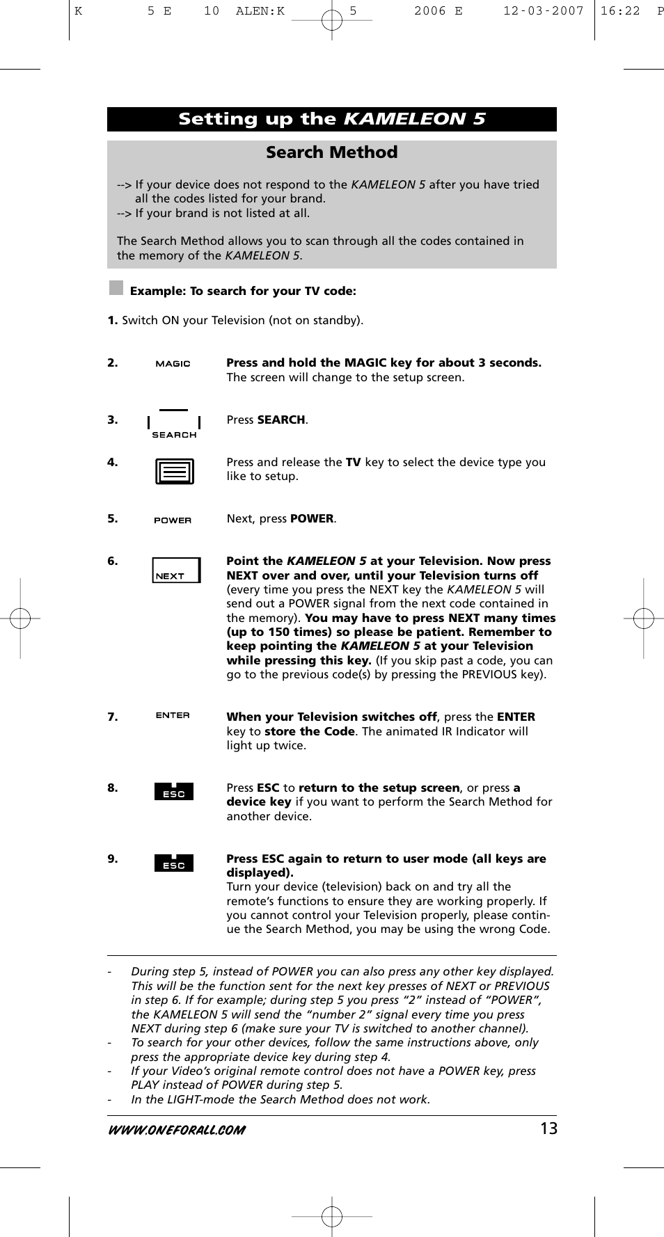 13 search method, Setting up the kameleon 5 | One for All KAMELEON 5 User Manual | Page 14 / 293