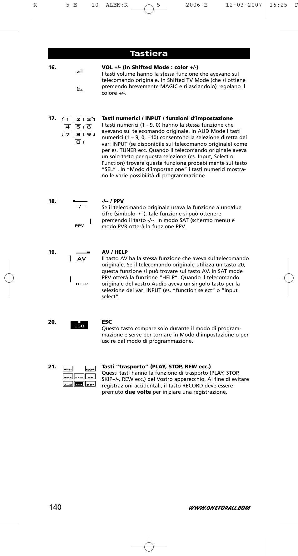 Tastiera | One for All KAMELEON 5 User Manual | Page 141 / 293