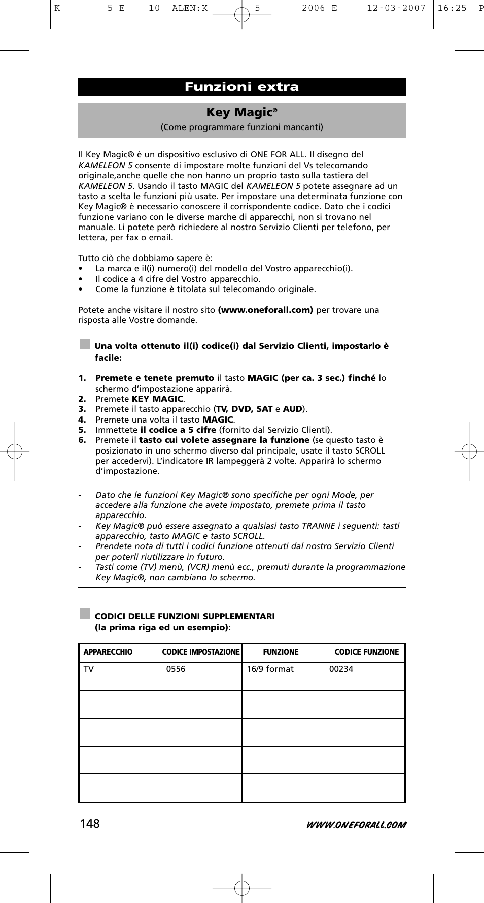 Key magic, Funzioni extra | One for All KAMELEON 5 User Manual | Page 149 / 293