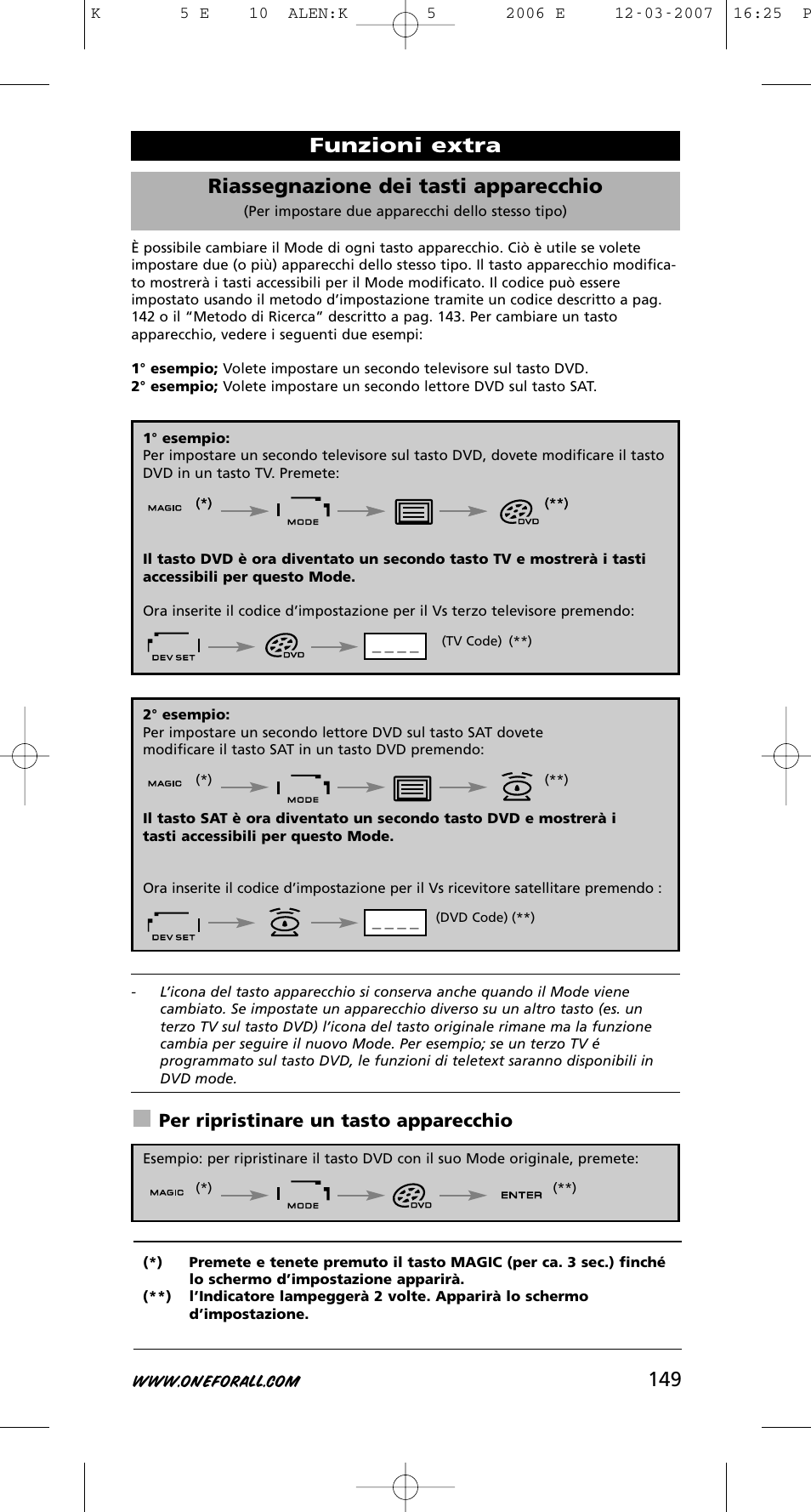 149 riassegnazione dei tasti apparecchio, Funzioni extra, Per ripristinare un tasto apparecchio | One for All KAMELEON 5 User Manual | Page 150 / 293