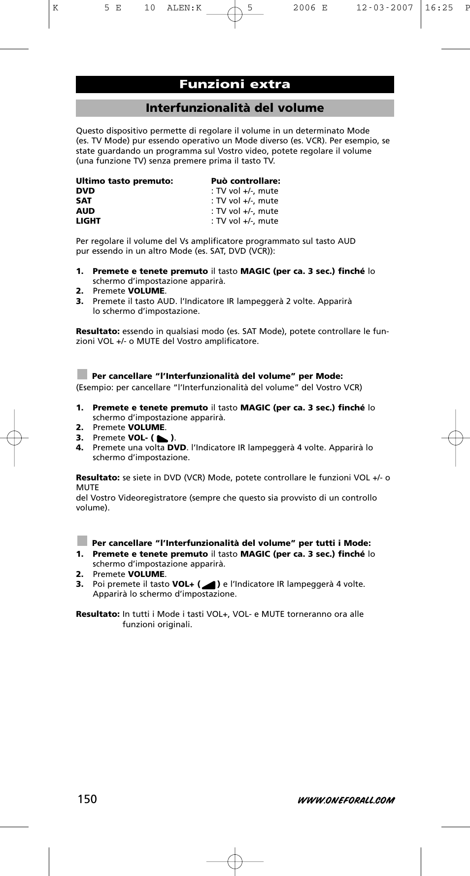 Interfunzionalità del volume, Funzioni extra | One for All KAMELEON 5 User Manual | Page 151 / 293