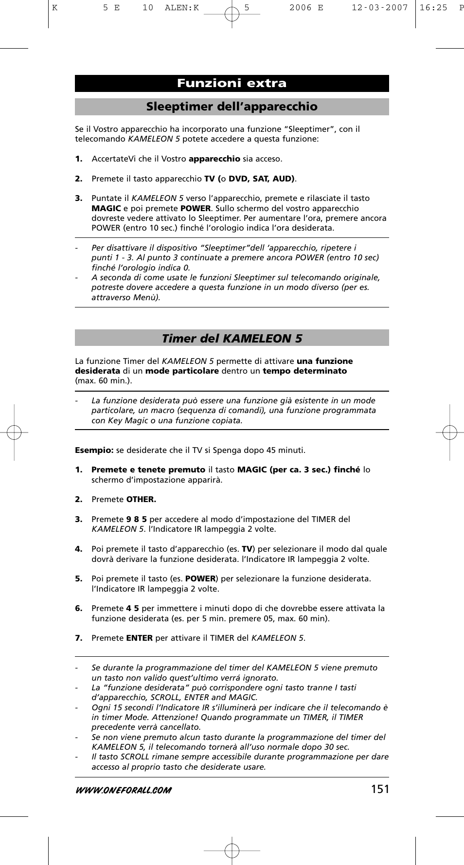 151 sleeptimer dell’apparecchio, Timer del kameleon 5, Funzioni extra | One for All KAMELEON 5 User Manual | Page 152 / 293