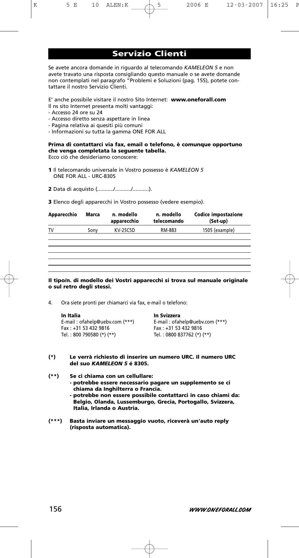 Servizio clienti | One for All KAMELEON 5 User Manual | Page 157 / 293