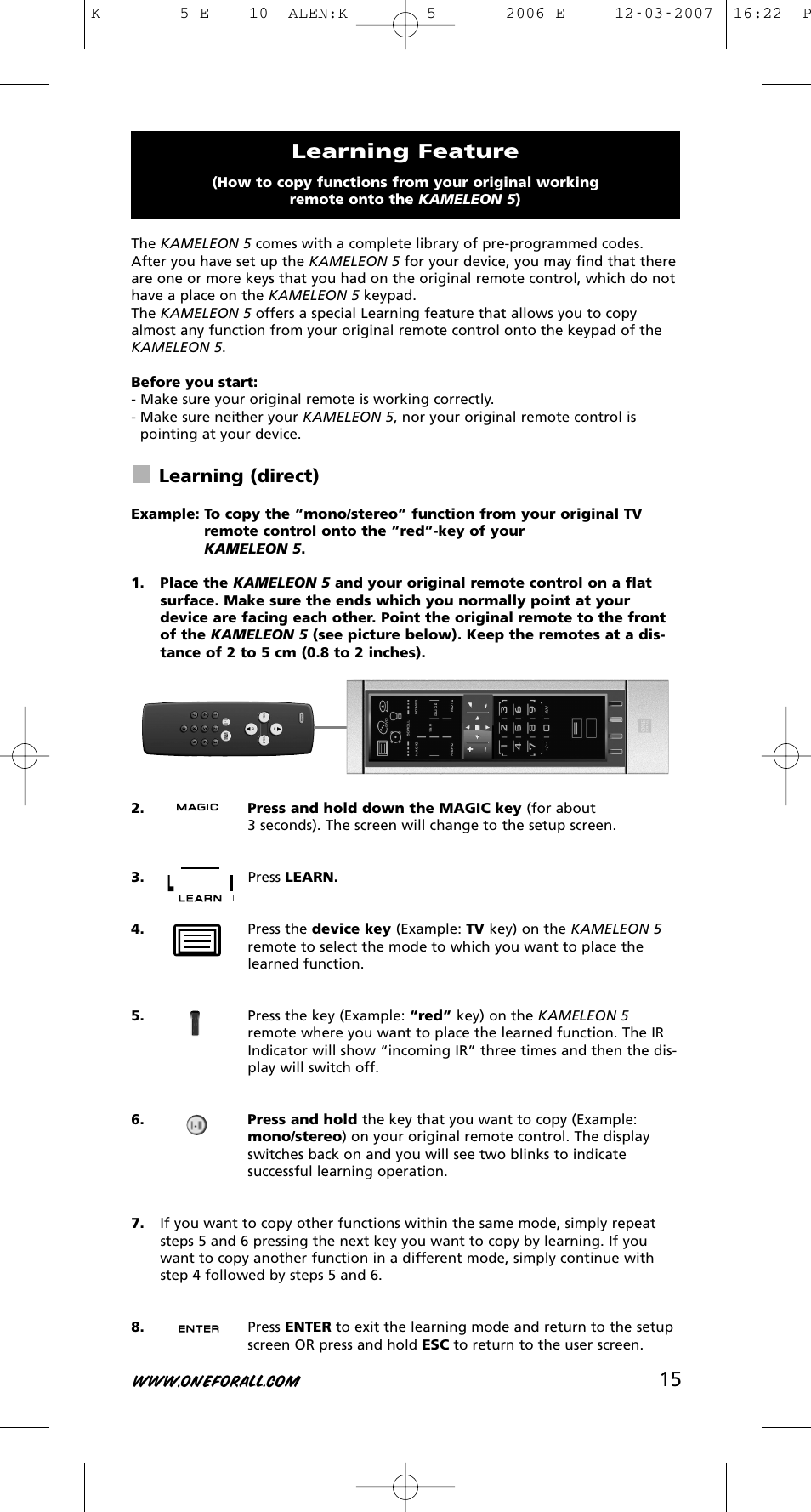 Learning feature, Learning (direct) | One for All KAMELEON 5 User Manual | Page 16 / 293