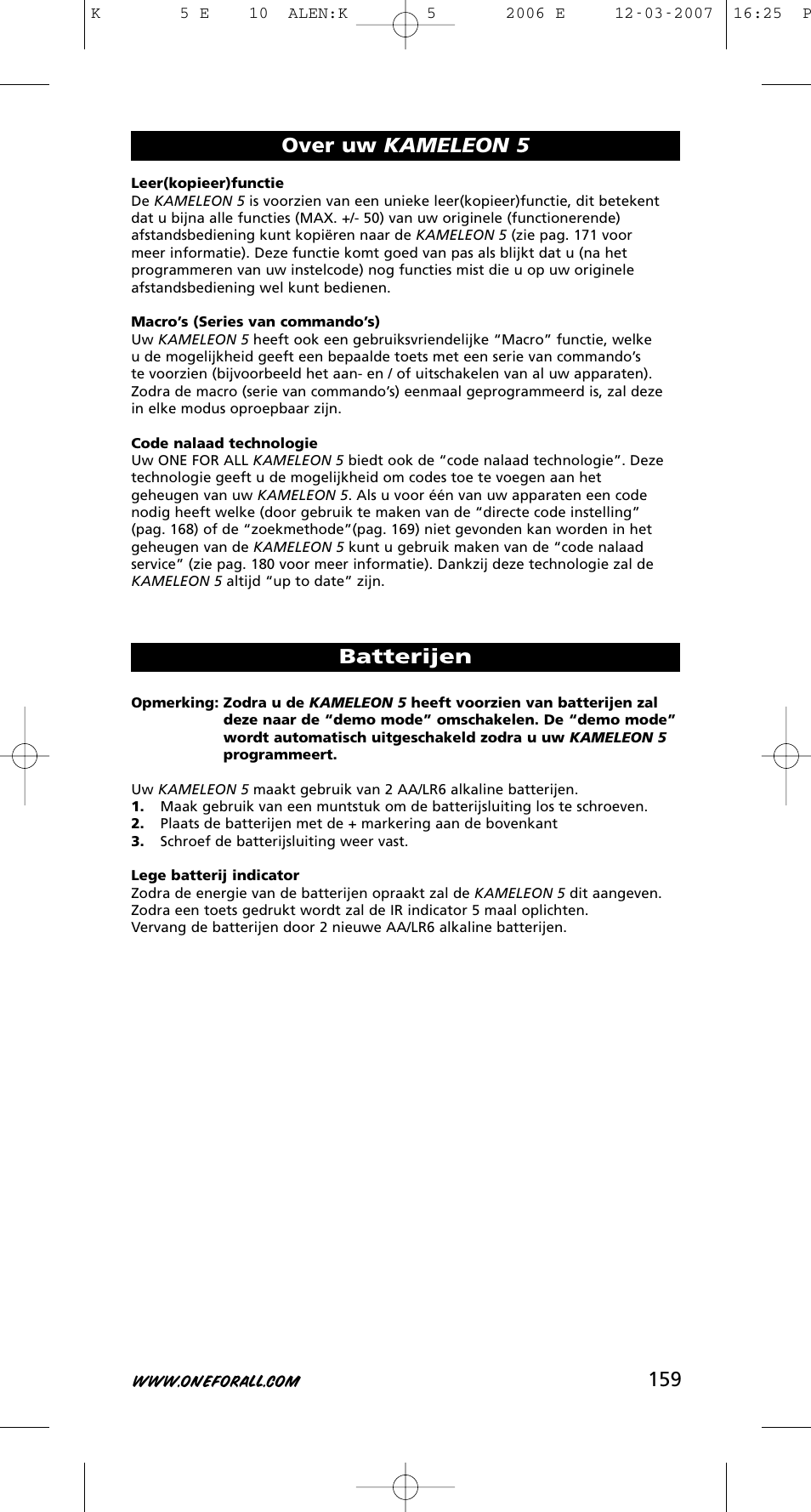 Over uw kameleon 5 batterijen | One for All KAMELEON 5 User Manual | Page 160 / 293