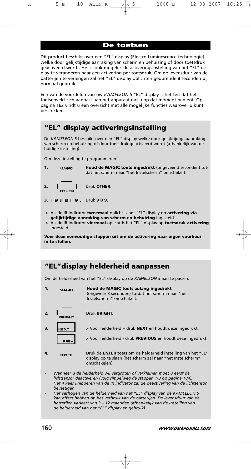 El”display helderheid aanpassen, El” display activeringsinstelling, De toetsen | One for All KAMELEON 5 User Manual | Page 161 / 293