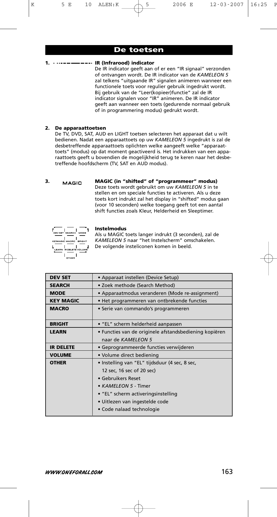 De toetsen | One for All KAMELEON 5 User Manual | Page 164 / 293