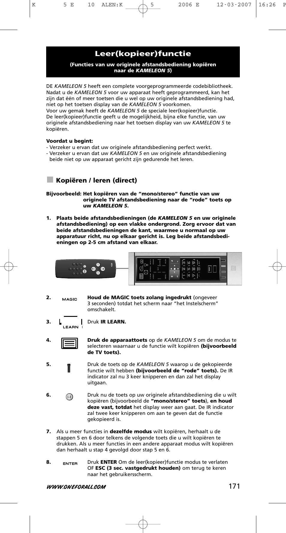 Leer(kopieer)functie, Kopiëren / leren (direct) | One for All KAMELEON 5 User Manual | Page 172 / 293