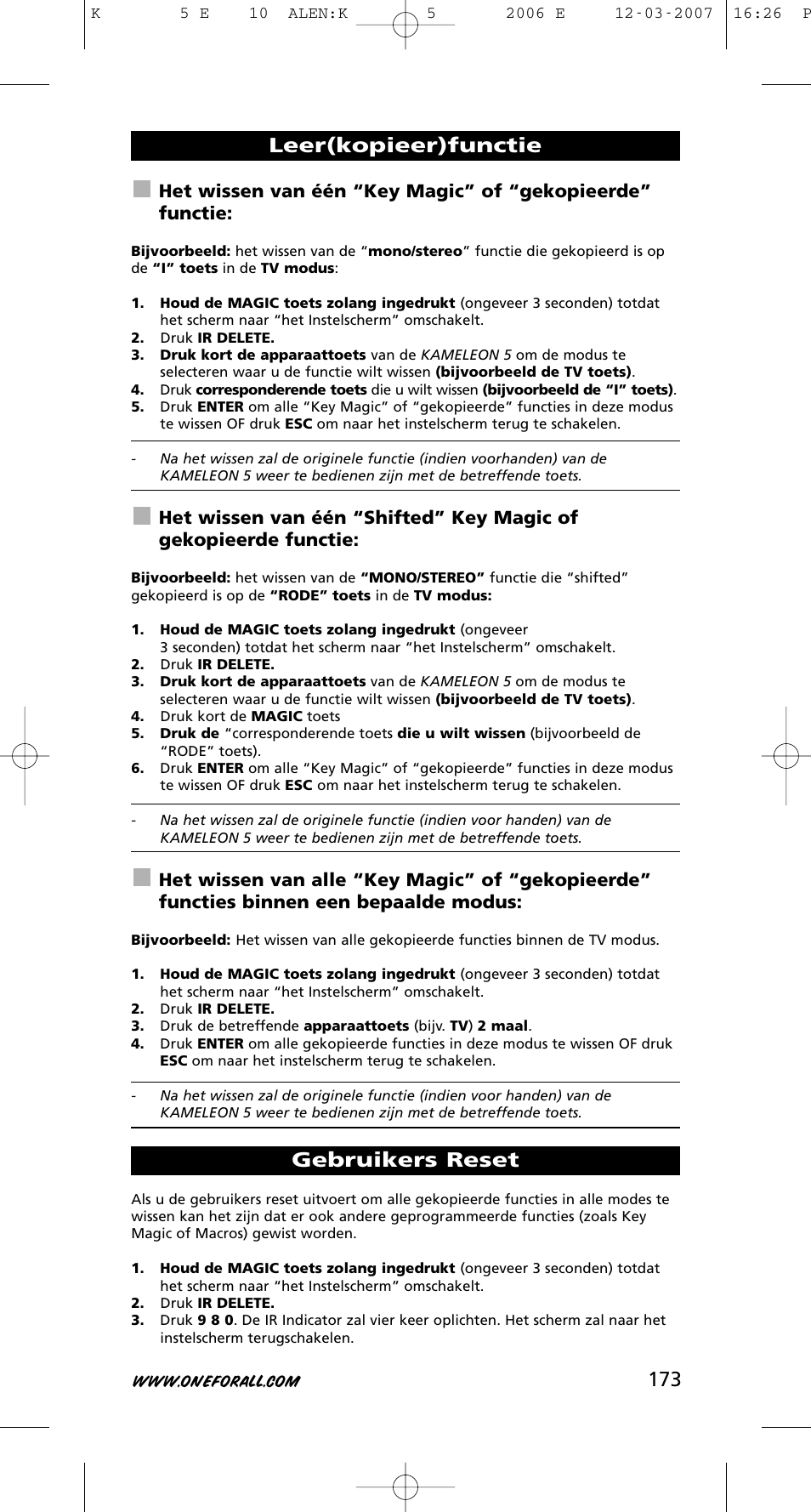 Leer(kopieer)functie gebruikers reset | One for All KAMELEON 5 User Manual | Page 174 / 293