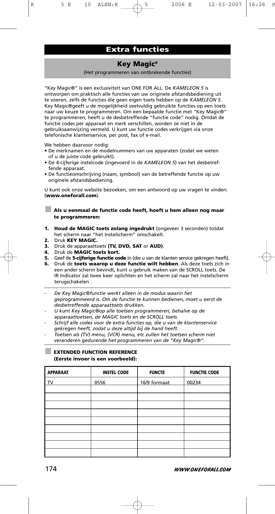 Key magic, Extra functies | One for All KAMELEON 5 User Manual | Page 175 / 293