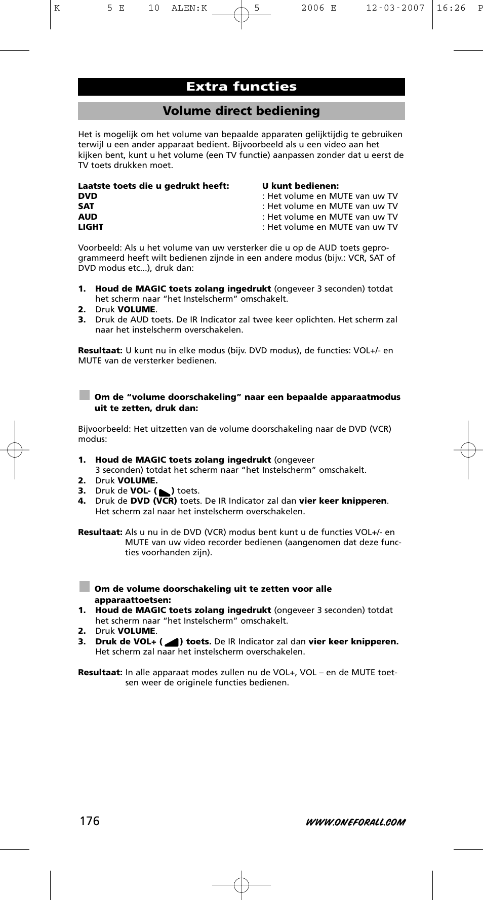 Volume direct bediening, Extra functies | One for All KAMELEON 5 User Manual | Page 177 / 293