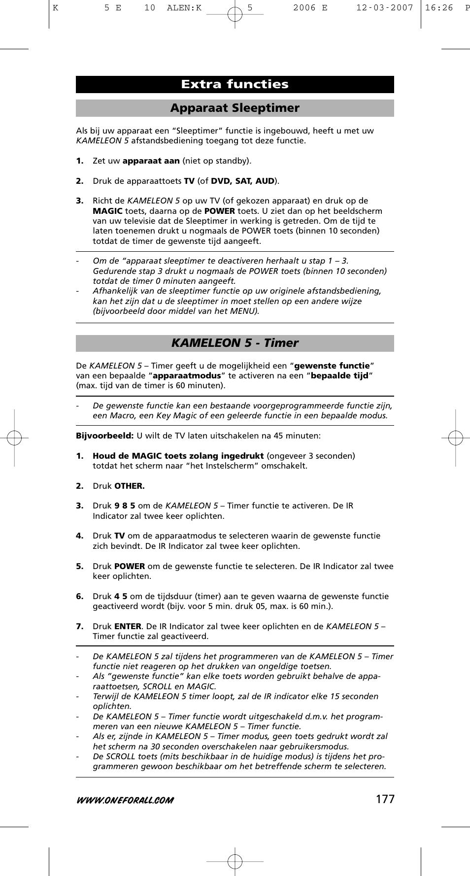 177 apparaat sleeptimer, Kameleon 5 - timer, Extra functies | One for All KAMELEON 5 User Manual | Page 178 / 293