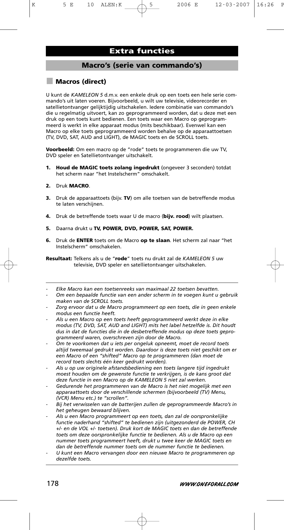 Macro’s (serie van commando’s), Extra functies, Macros (direct) | One for All KAMELEON 5 User Manual | Page 179 / 293