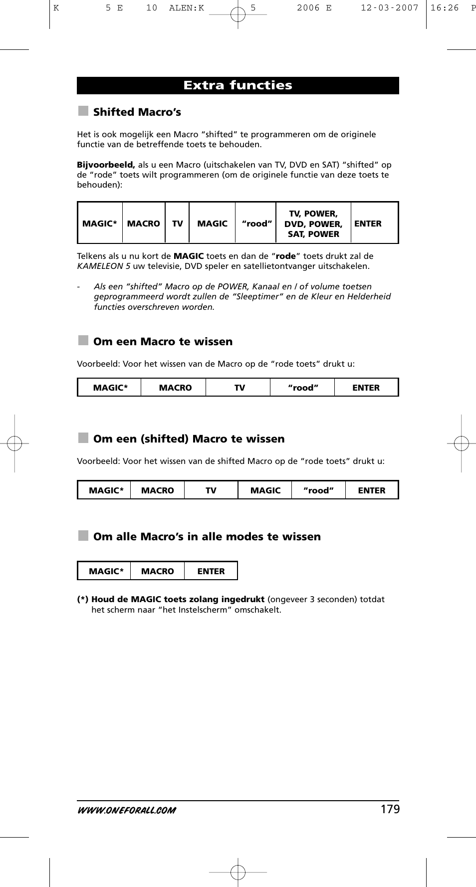 Extra functies, Shifted macro’s, Om een macro te wissen | Om een (shifted) macro te wissen, Om alle macro’s in alle modes te wissen | One for All KAMELEON 5 User Manual | Page 180 / 293