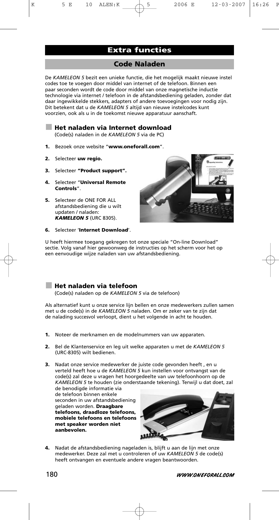 Code naladen, Extra functies, Het naladen via internet download | Het naladen via telefoon | One for All KAMELEON 5 User Manual | Page 181 / 293